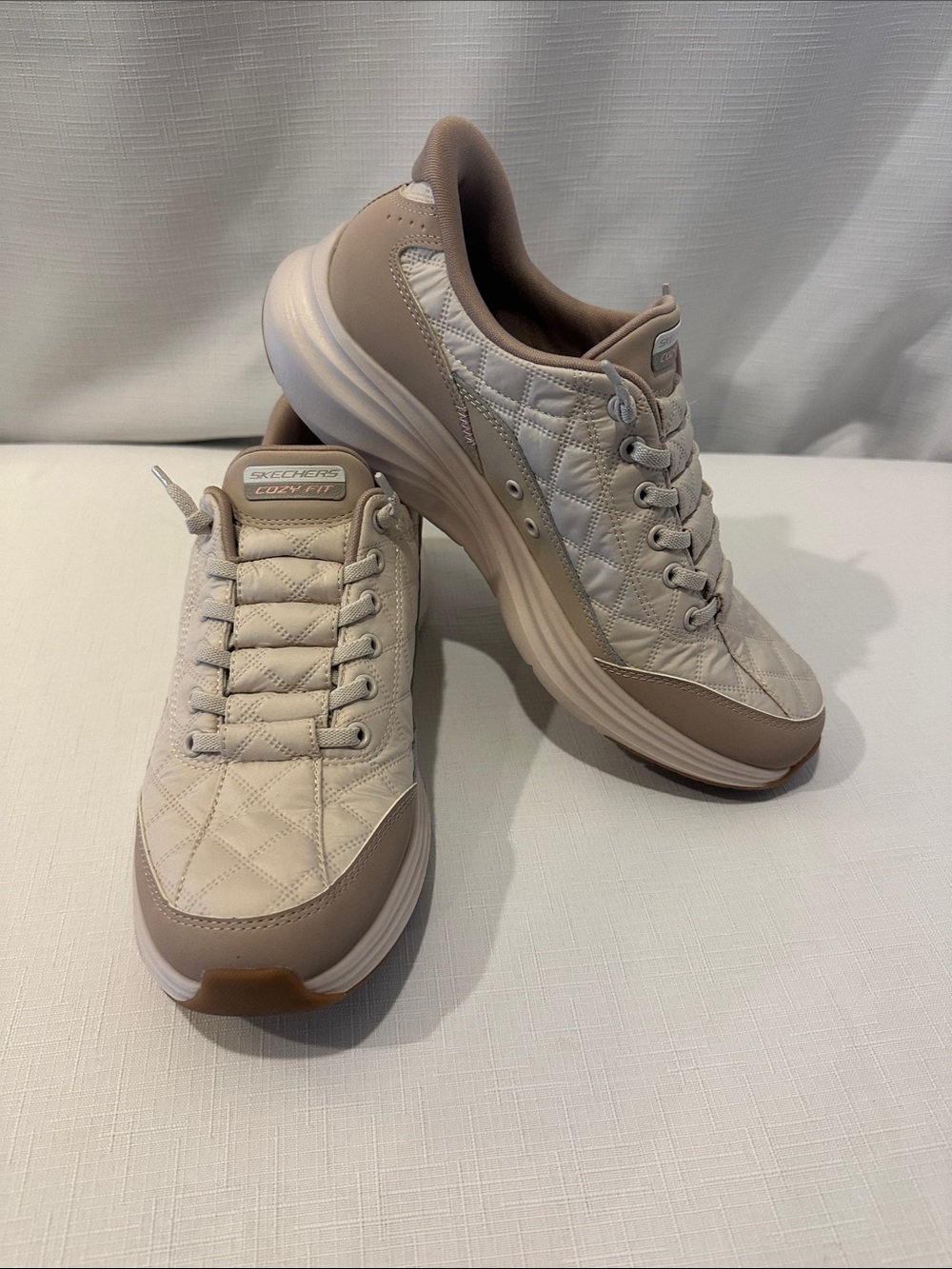 Skechers Women's Quilted Cream & Taupe Lace-Up Sneakers